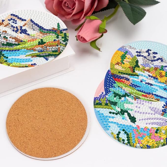 igoodom 8 Pcs Diamond Art Coasters Kit with Holder, DIY Landscape Diamond Painting Coasters for Beginners Adults, Non Slip Diamond Art Kits Craft Supplies 4x4inch