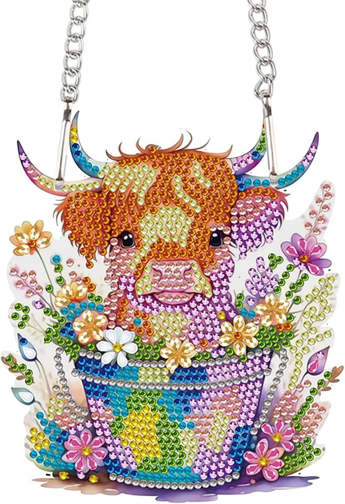 AiYuanzsh Animal Cow Diamond Painting Pendant Kit, 5D DIY Acrylic Diamond Art Hanging Ornament with Flower Pot and Floral Design, Special Shaped Rhinestone Pendant Craft, Wall Decor Gift for Adults