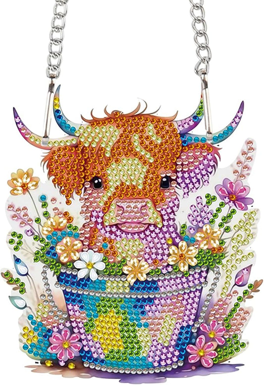 AiYuanzsh Animal Cow Diamond Painting Pendant Kit, 5D DIY Acrylic Diamond Art Hanging Ornament with Flower Pot and Floral Design, Special Shaped Rhinestone Pendant Craft, Wall Decor Gift for Adults