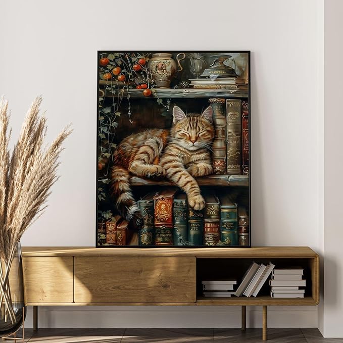 Okarina Paint by Numbers Kit for Adults Beginner Cat, Bookshelf Adult Paint by Number Kits on Canvas, Book DIY Acrylic Oil Painting by Numbers for Adults, Perfect for Home Wall Decor 16X20 Inch