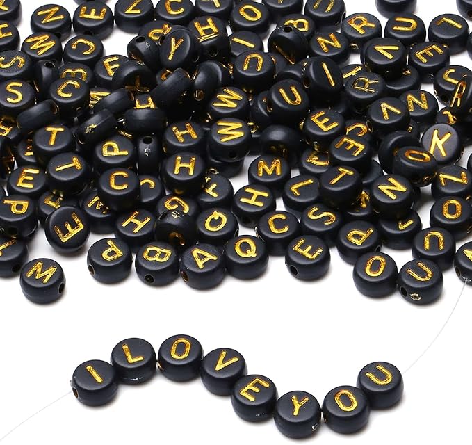 LAIDANLA 1500PCS Acrylic Letter Beads Alphabet Gold Letters Black Round Bead 7×4mm for Jewelry Bracelets Necklaces Key Chains Making