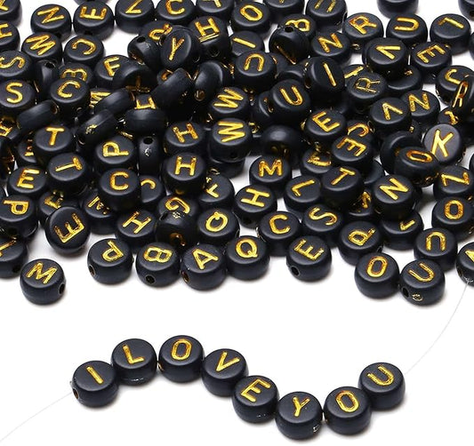 LAIDANLA 1500PCS Acrylic Letter Beads Alphabet Gold Letters Black Round Bead 7×4mm for Jewelry Bracelets Necklaces Key Chains Making
