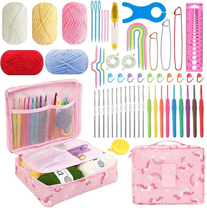 HATINXIA 58pcs Crochet Kit Beginners, Crochet Hook Set with Yarn, Portable Crocheting Kit for Starter, Ergonomic Crochet Needles Tools DIY Knitting Accessories for Experienced Crochet Lovers, Horse