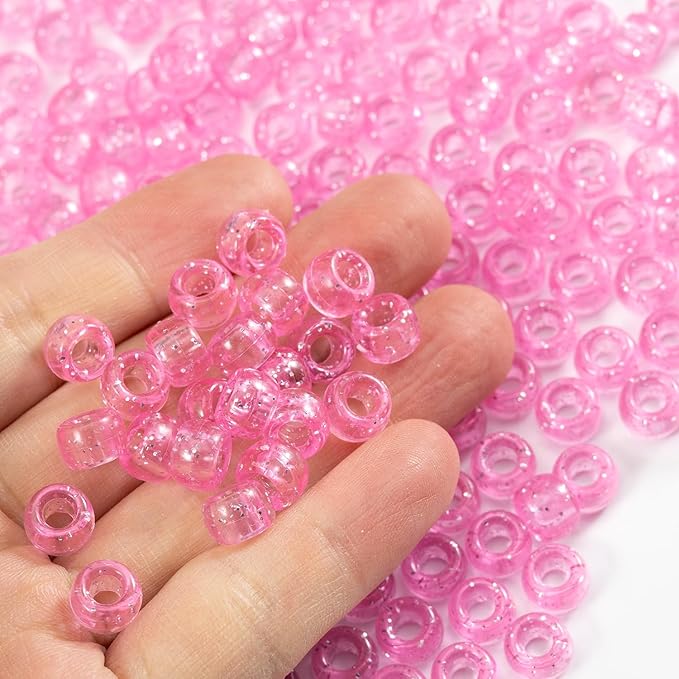 Gxueshan 1000 Pcs Acrylic Plastic Transparent Pink Pony Beads 6x9mm Large Hole Pens Hair Braiding Bulk Kandi Beads for Friendship Bracelet Necklace Jewelry Making Kit