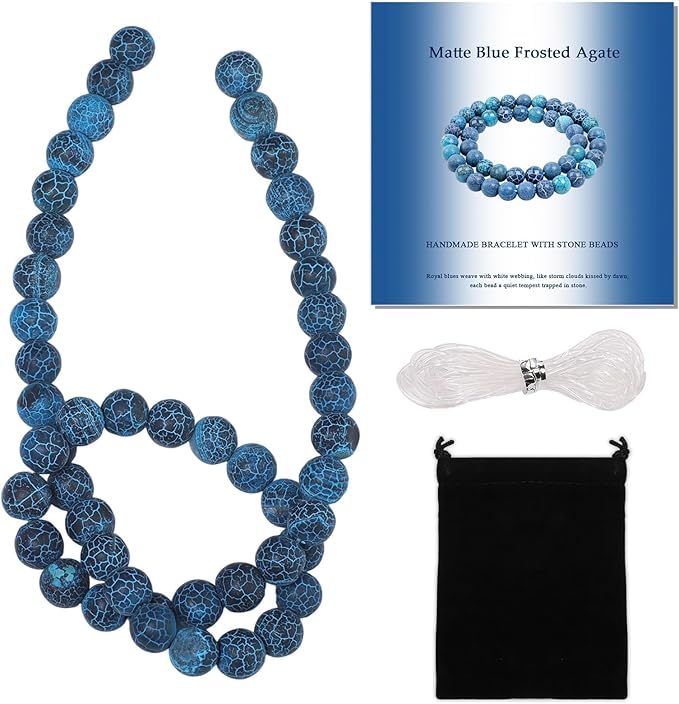 Stone Beads, 45pcs Matte Blue Frosted Agate, 8mm Round Loose Beads for Jewelry Making, Bracelets, with Bag, String & Card