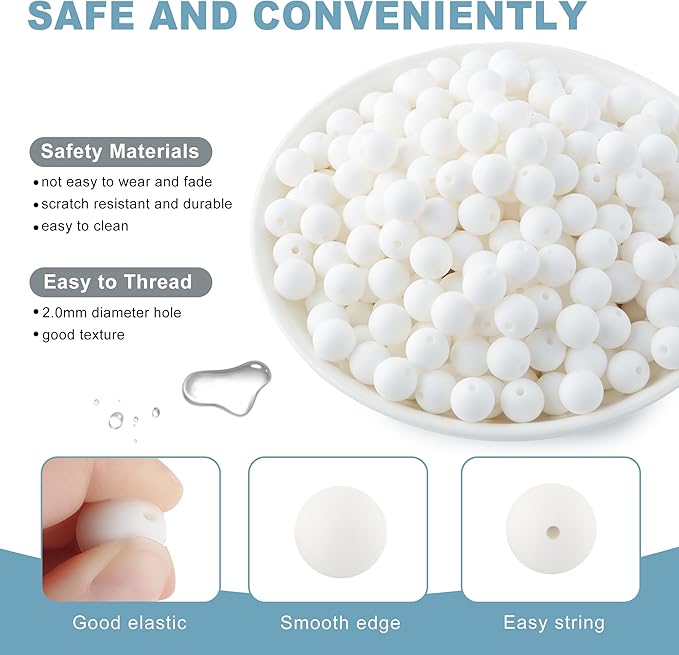 160Pcs 12mm Silicone Beads for Keychain Making Bracelet Necklace, Bulk Round Silicone Beads for Pens（White）
