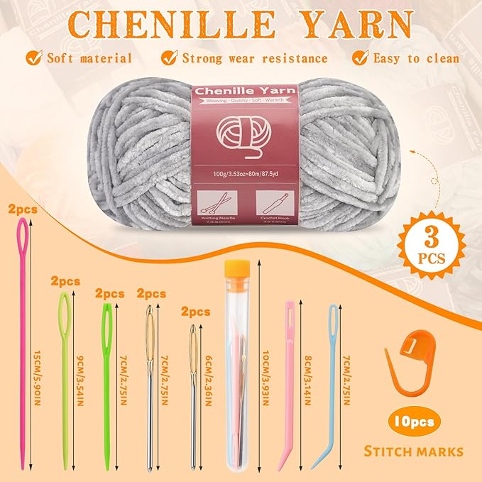 LUNARM Chenille Yarn for Crocheting Knitting, 3 Skein 263 Yard Thick Soft Chunky Fluffy Weaving Plush Yarn for Blankets Clothes Pattern Creations with Big Eye Needles (Light Grey)
