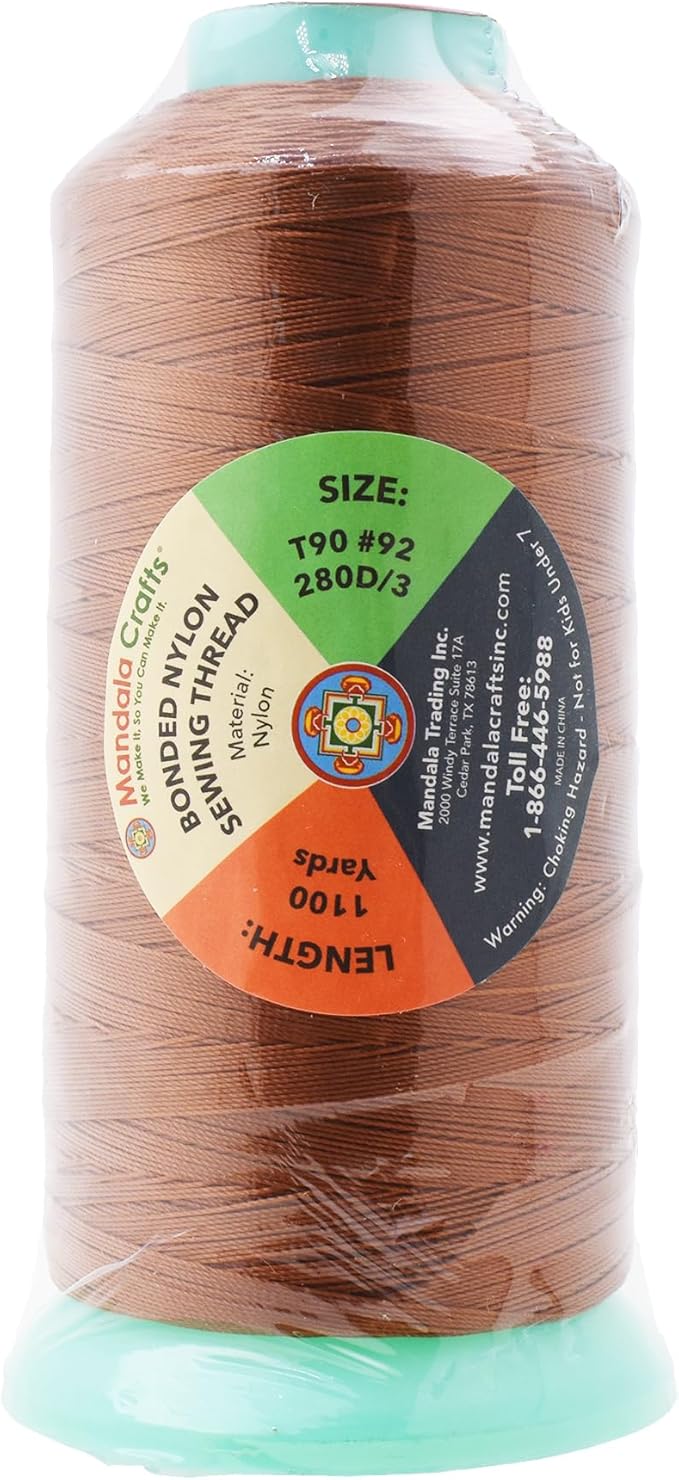 Mandala Crafts Size 92 280D T90 Bonded Nylon Thread - Bourbon Brown 1100 YDs Tex 90 Heavy Duty Sewing Threads for Leather, Jeans, Weaving, Outdoor Marine Upholstery