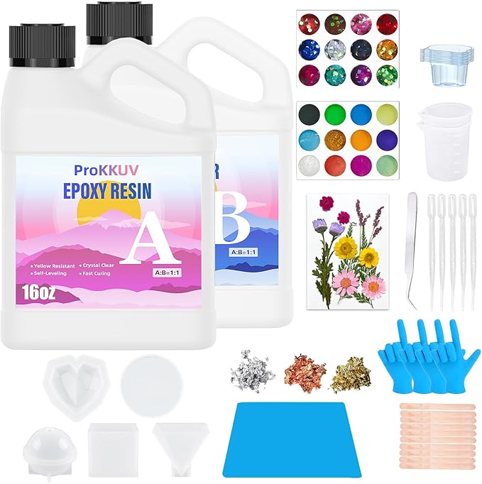 Epoxy Resin Kit, Crystal Clear Resin Epoxy, Bubble Free, No Yellowing, UV Resistant, Food Safe with Foil Flakes, Sequin, Easy Mix 1:1 for DIY Crafts Resin Jewelry Making (32 OZ Kits)