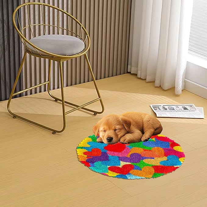 Latch Hook Rug Kit Rainbow Heart-Shapes Stamped Handmade Round Shape Carpet Crochet Yarn Craft DIY Hook and Latch Door Mat Tapestry Christmas Home Floor Decor 20x20in-5