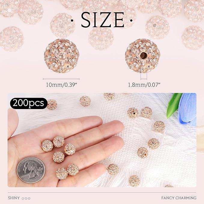 200pcs 10mm Light Peach Rhinestone Beads for Jewelry Making, Shiny Round Shamballa Disco Ball Beads, Sparkle Crystal Clay Christmas for Bracelet Baseball Necklace Earring Crafting and DIY