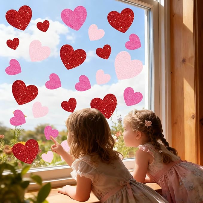 9 sheets valentines day window clings decoration, heart stickers decor for galentine's day, red pink decals for home, office, classroom, glass doors