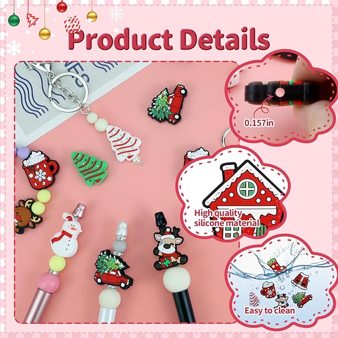 16PCS Christmas Silicone Beads for Pens, 16Pcs Silicone Focal Beads for Keychain Making DIY Handicraft（Christmas ）