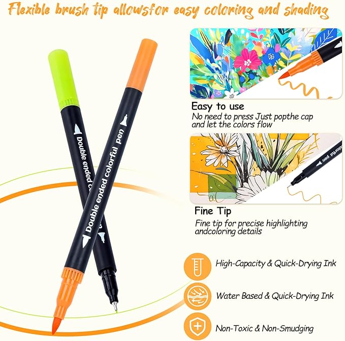 MIN CI 120 Colors Dual Tip Markers, Fine Tip and Brush Tip Permanent Coloring Markers for Drawing Art Supplies, Dual Marker s Brush Pens Kit for Adult Coloring Book, School Supplies, DIY Crafts