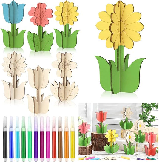 MotiMind 60 Pcs Spring Crafts Set 48 Pcs Wood Flowers to Paint Unfinished Wood Tulip Slices 3D Wooden Cutouts with 12 Colored Pens for Mother's Day Wedding Summer Crafts Tiered Tray Table Decor