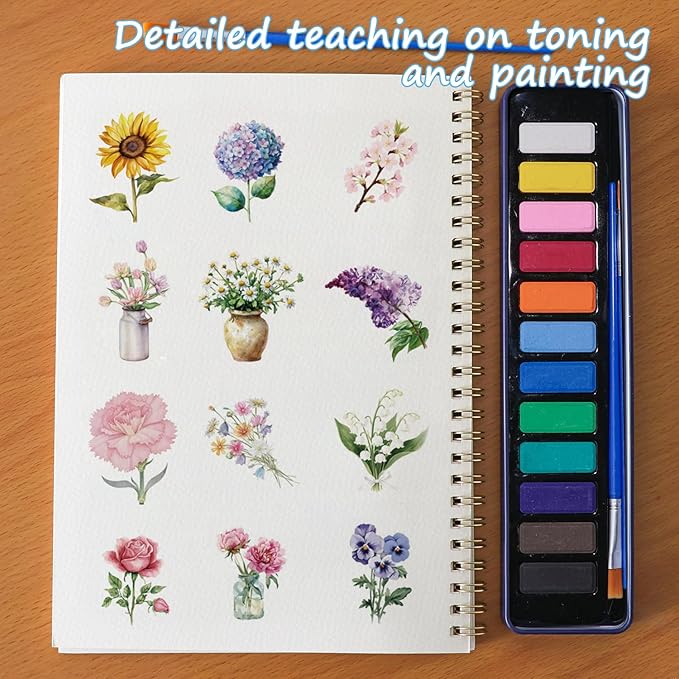 Watercolor Workbook, Water Coloring Book, 12 Different Patterns of Original DIY Designs, 12 Colors Watercolor Paint Set with Palette and Brush, Beginner-Friendly Watercolor Workbooks（Flower）