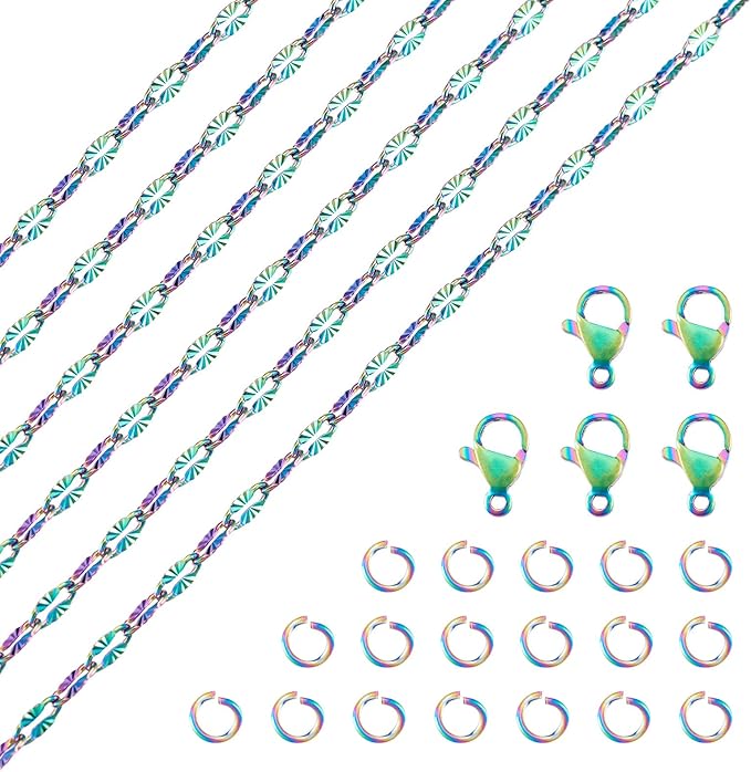 Sparkeads 5M Dapped Chain for Jewelry Making,Stainless Steel Chain,Rainbow Color Link Necklaces for Women,Lobster Claw Clasps,Cable Chain for Bracelet DIY Craft Supplies Jewelry Making Kits,4x2x0.5mm