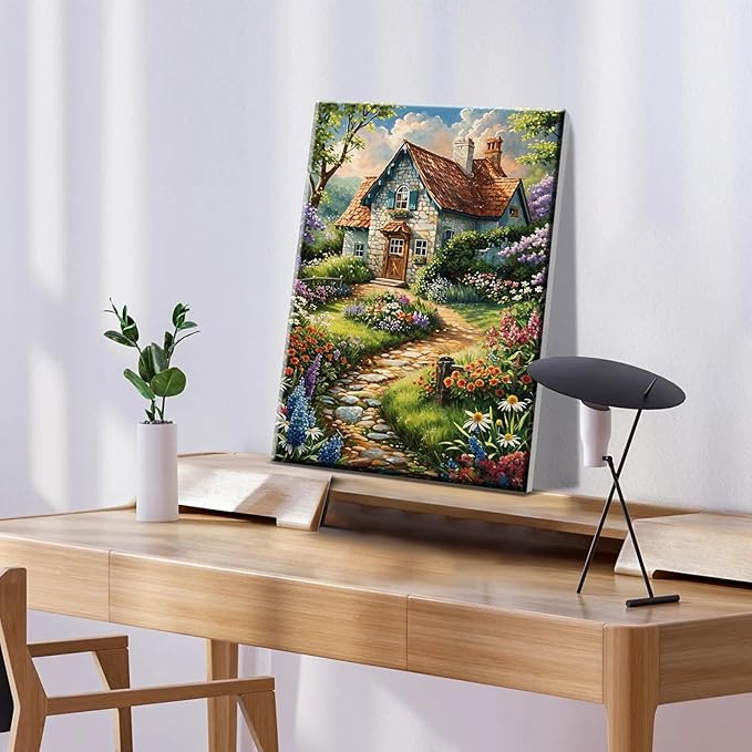 ATDMS Paint by Numbers Kits for Adult with Frame DIY House Flowers Paint by Number with Easel Acrylic Landscape Oil Painting by Number for Wall Hanging Home Room Decor 7.87x11.81 Inch