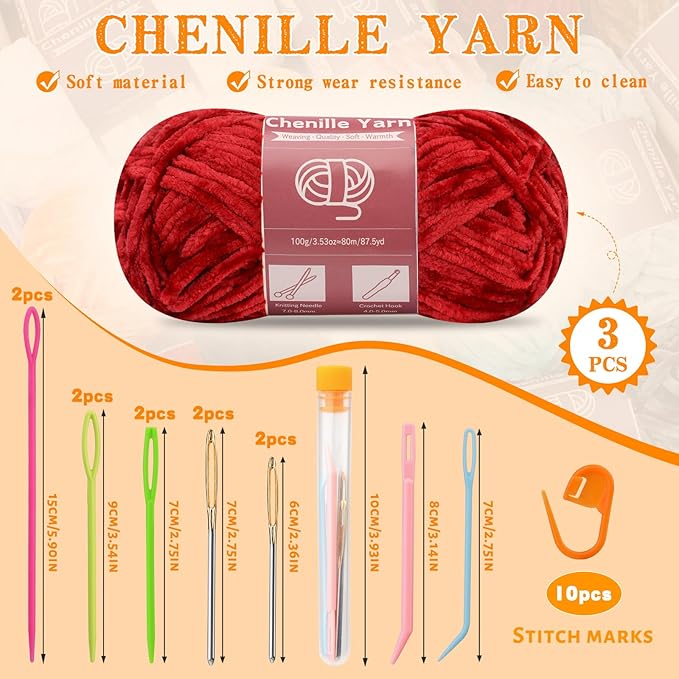 LUNARM Chenille Yarn for Crocheting Knitting, 3 Skein 263 Yard Thick Soft Chunky Fluffy Weaving Plush Yarn for Blankets Clothes Pattern Creations with Big Eye Needles (Dark Red)
