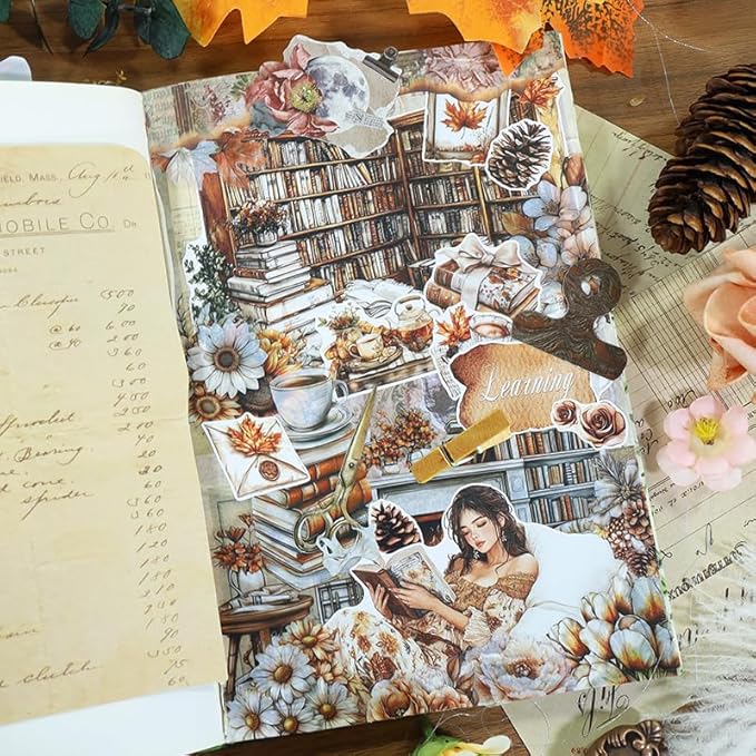 Afternoon Reading Sticker Book for Adults Journaling, 20 Diecut PET Washi Paper Scrapbook Stickers Sheets, Ephemera for Junk Journals Supplies, Scrapbooking, Collage, Bujo, A5