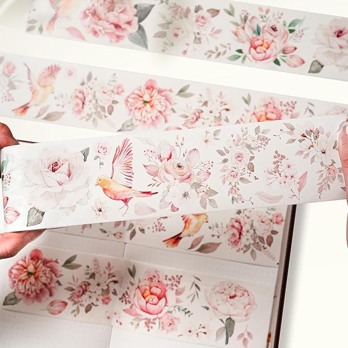WT Pre-Cut Pink Velvet Wide Washi Tape, Single Roll, Original Designs, Elegant Floral Aesthetic, Decorative Japanese Paper Tape for Journaling, Scrapbook, Planner, DIY Crafts, Bujo Supplies, 60mm×5m