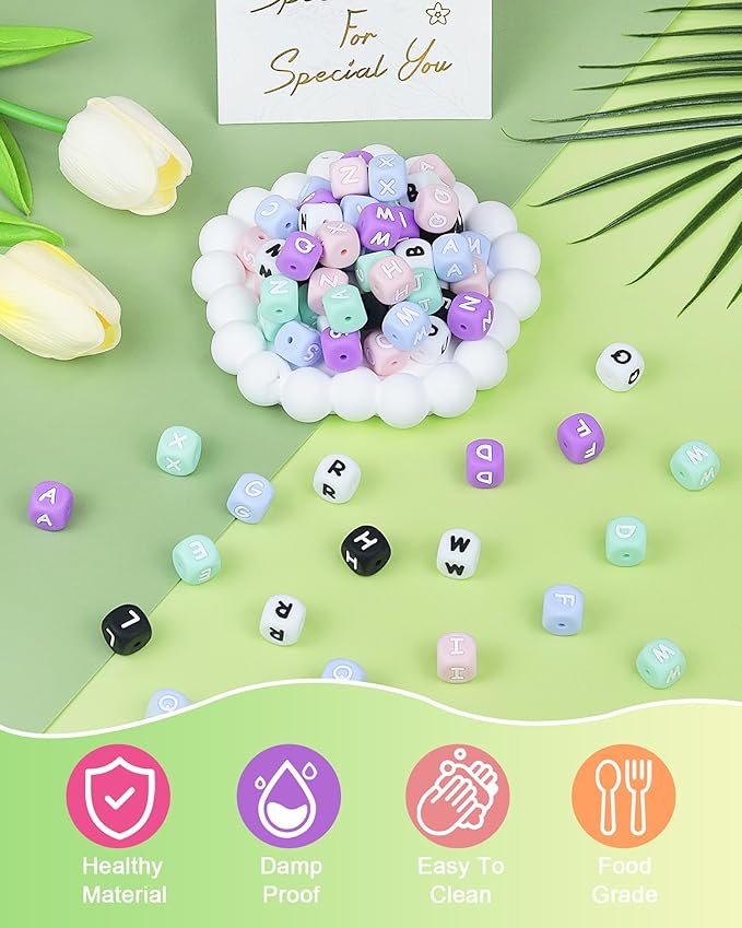 156Pcs FIVEIZERO Colorful Silicone Letter Beads, 12mm A-Z Alphabet Beads,Square Bead for Bracelets and Keychains, Large Letter Bead for Necklaces and Lanyards Making