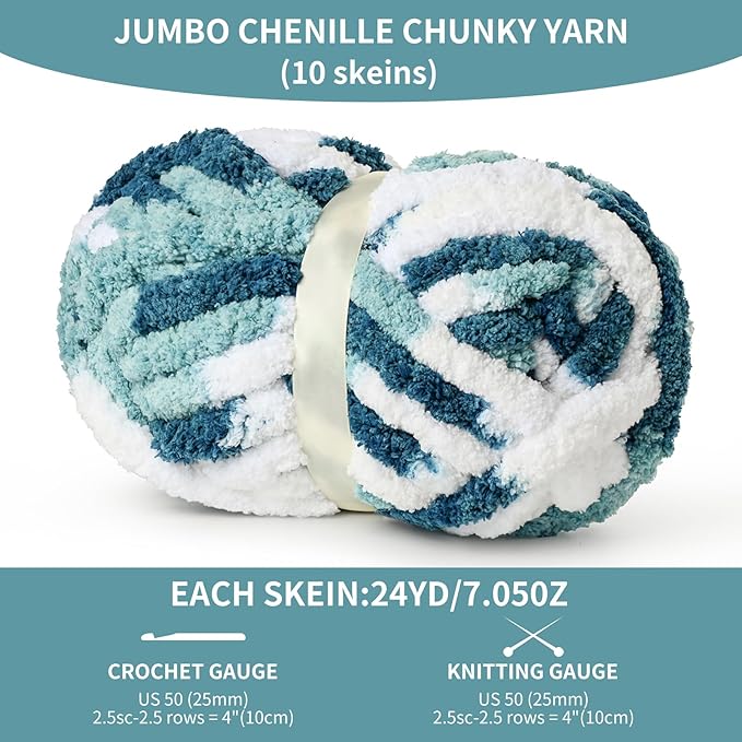 10 Pack Jumbo Chunky Yarn for Hand Knitting, Fluffy Variegated Chunky Chenille Yarn for Crocheting, 240yds/70.5oz Super Bulky Soft Crochet Baby Blanket Yarn(Fresh Blue)