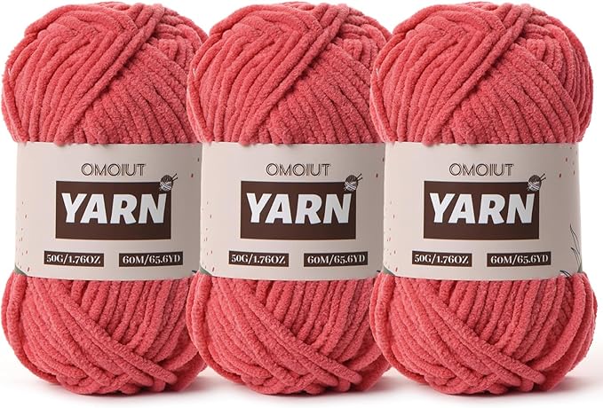 3 Packs Plush Chenille Chunky Crochet Yarn - Baby Yarn for Crocheting Soft - Velvet Yarns Knitting for Blankets Crafts - Fluffy Amigurumi Yarns 150g / 196.8yds (3 Watermelon Red)
