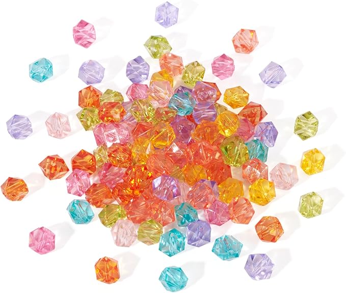 FASHEWELRY 100pcs Clear Acrylic Polygon Beads Colorful Faceted Polygon Loose Spacer Charms Bulk for Bracelet Necklace Earring Jewelry Making