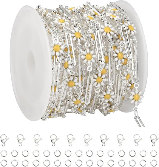 YOUBEIYEE 16.4 Feet Silver Plated Brass Chain for Jewelry Making Silver Paperclip Chain Enamel Daisy Flower Chains Bulk with Jump Rings Lobster Clasps