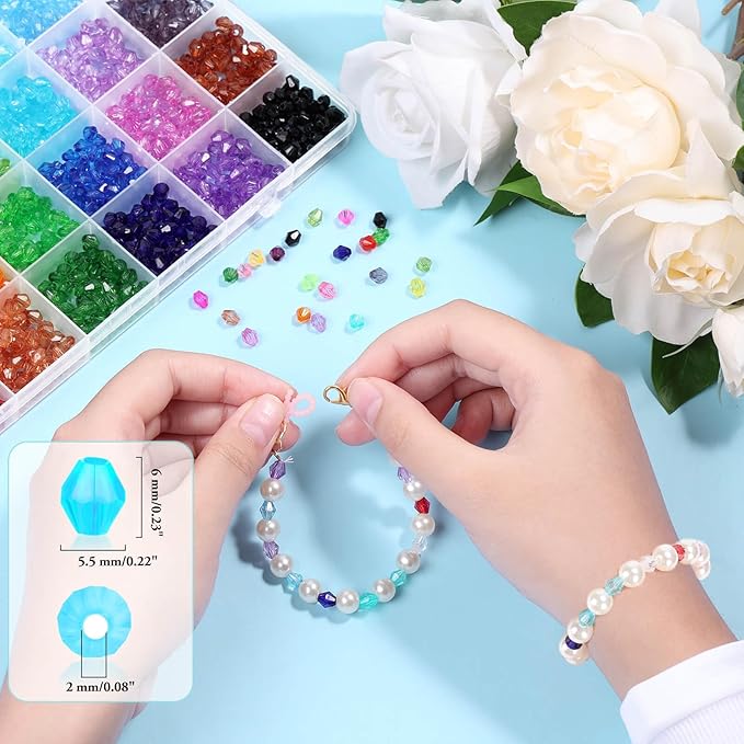 PAXCOO 1960Pcs Crystal Beads for Jewelry Making, Assorted 28 Colors, Bicone Acrylic Glass Beads, 6 mm