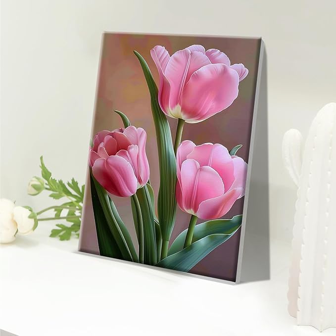 JOOZ Paint by Numbers Kit for Adults Flowers Paint by Numbers Kit with Frame DIY Tulip Paint by Number with Easel Floral Adult Paint by Number Kits Canvas for Gift Home Wall Decor 7.87x11.81 Inch