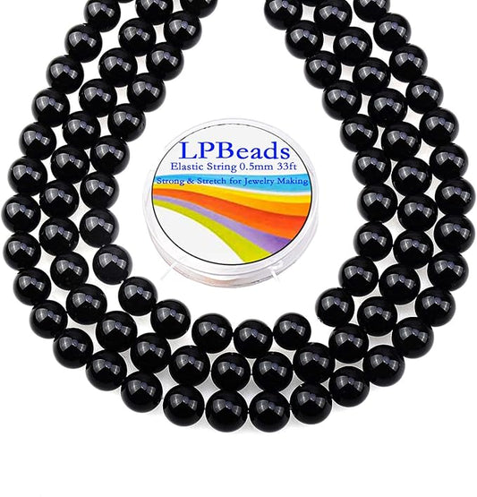 LPBeads 80Pcs Polished 10mm Round Natural Black Onxy Gemstone Loose Beads with Stretch Cord for Jewelry Making Bracelets