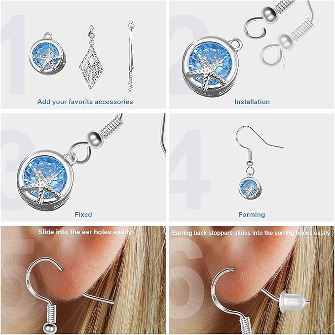 menkey 925 sterling mixed earring hooks 120 pcs/60 pairs, ear wires fish hooksfor diy jewelry making, hypo-allergenic jewelry findings parts with 120 pcs clear silicone earring backs stoppers