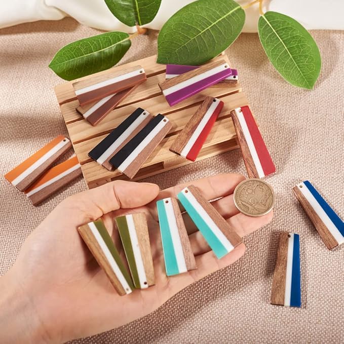 Beadthoven 16pcs/8 Pairs Natural Wood Resin Charms Colorful Striped Trapezoid DIY Earrings Pendants Mixed Vintage Wooden Pieces Tag Pendants for Statement Jewelry Making Bohemian Earrings Findings