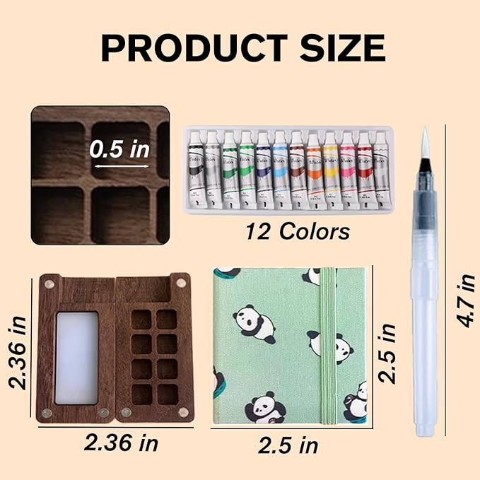 Aimery Mini Watercolor Paint Travel Set, Portable Small Miniature Pocket Water Color Painting Kit with Wooden Palette & Sketchbook(Panda)