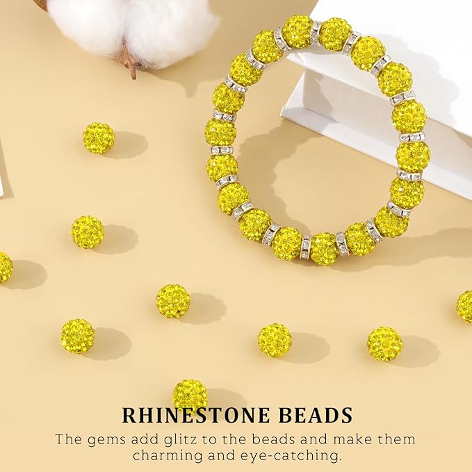 120pcs 10mm rhinestone beads for jewelry making, yellow shiny round shamballa disco ball beads bulk, sparkle crystal clay christmas for bracelet baseball necklace earring crafting and diy