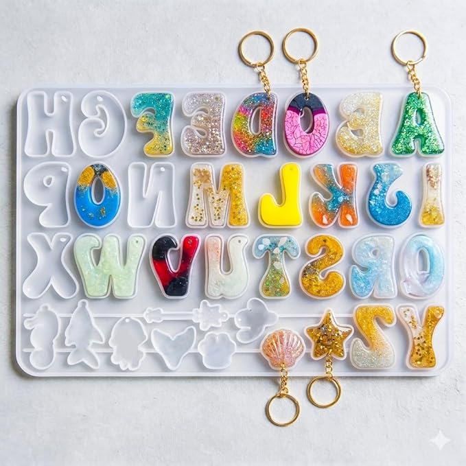 Cute Alphabet Resin Molds with 40 Keychains (20 Gold & 20 Silver) - Reversed Letter Silicone Mold with Holes, Bubbly Initial Mold & Ornaments, DIY Epoxy Casting Kit for Name Tags & Personalized Gifts