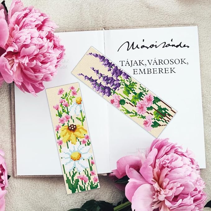INFUNLY 6PCS DIY Flower Cross Stitch Bookmark Kit for Beginners 8.66"×3.15" Stamped Embroidery Bookmark Kit Hand Plant Bookmark Cross Stitch Kits with Instruction for Book Lovers Reader Writers