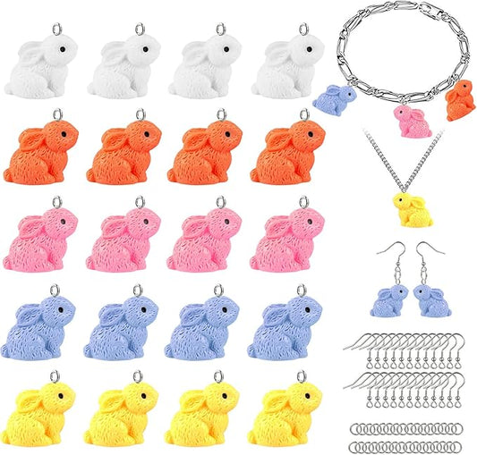 BENOSPACE 20 pcs Easter Rabbit Charm Pendant 3D Resin Bunny Bead Animal Decoration with 50 pcs Open Loops and 20 pcs Ear Hooks Jewelry Making Kit for DIY Bracelet Necklace Keychain Crafts