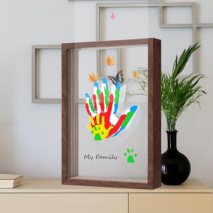 brown family handprint kit for 5 – wooden frame with 5 clear acrylic boards, diy handprint keepsake for baby, pet, mom, grandparents, hand mold art set with non-toxic washable paint (brown)