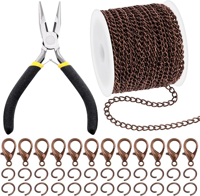 102Pcs Jewelry Making Kit, 10 Yards Necklace Chains with 50Pcs Open Jump Rings, 50Pcs Lobster Clasps, Chain Nose Pliers for DIY Necklace Making (Red Copper)