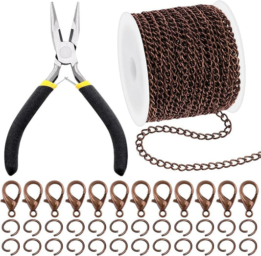 102Pcs Jewelry Making Kit, 10 Yards Necklace Chains with 50Pcs Open Jump Rings, 50Pcs Lobster Clasps, Chain Nose Pliers for DIY Necklace Making (Red Copper)