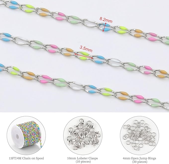 KYUNHOO 13 Feet Rainbow Links Silver Jewelry on Roll Colorful Oil Drip Chains for Jewelry Making Mixed Color Enamel Chain Spool for Women DIY Crafting Supplies Findings