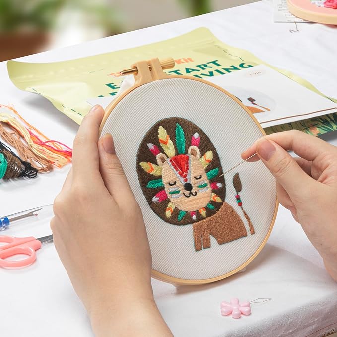 lx lermx embroidery kits for beginners, adult starter cross stitch kit needlepoint complete diy kit with unique patterns, hoop, colorful threads, tools, step by step instructions & video tutorial
