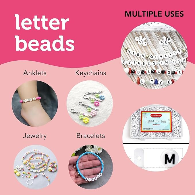 Incraftables 1200pcs Round Letter Beads for Jewelry Making (7mm). A-Z Letters Black Alphabet for DIY Friendship Bracelets & Crafts. ABC Circle & Heart Bead w/Elastic String, Clasps & Organizer Box