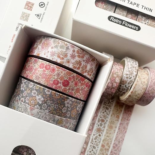 YUBX Vintage Washi Tape Set 8 Rolls Thin Retro Decorative Antique Patterns Masking Tapes for Arts, DIY Crafts, Journals, Planners, Scrapbook, Wrapping (Little Flowers)