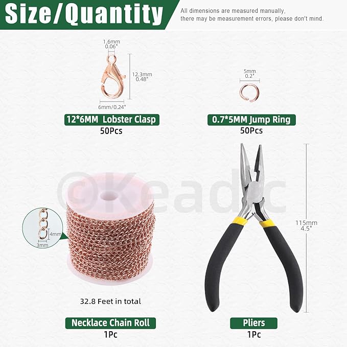 Keadic 102Pcs 30 Feet Jewelry Making Chains Kit W 3mm Metal Necklace Twisted Links Chain, Lobster Clasps, Open Jump Rings and Jewelry Pliers for Bracelet Earring Anklet DIY (Rose Gold)
