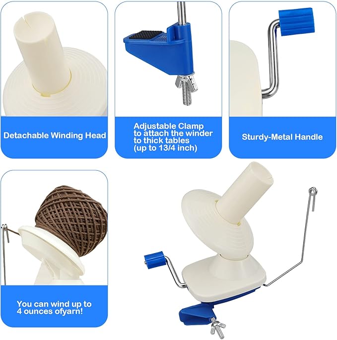 LAMXD Needlecraft Yarn Ball Winder Hand Operated,Capacity 4-Ounce,Blue,Portable Package,Easy to Set Up and Use,Sturdy with Metal Handle and Tabletop Clamp,Including 8 Sizes Crochet Hooks Set