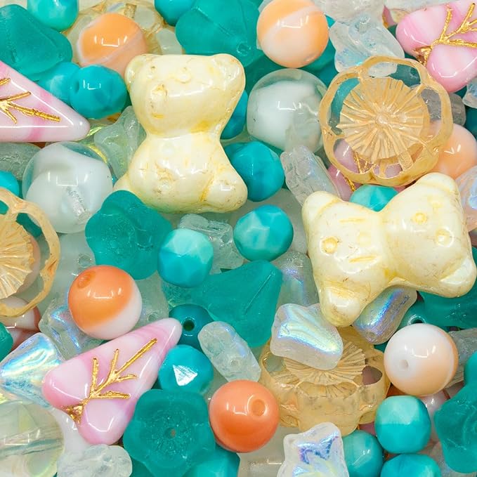 1.4oz (40g) Limited Mix of Czech Glass Beads, Hand Made Set Kit, Pink Turquoise Beige Cute Bear